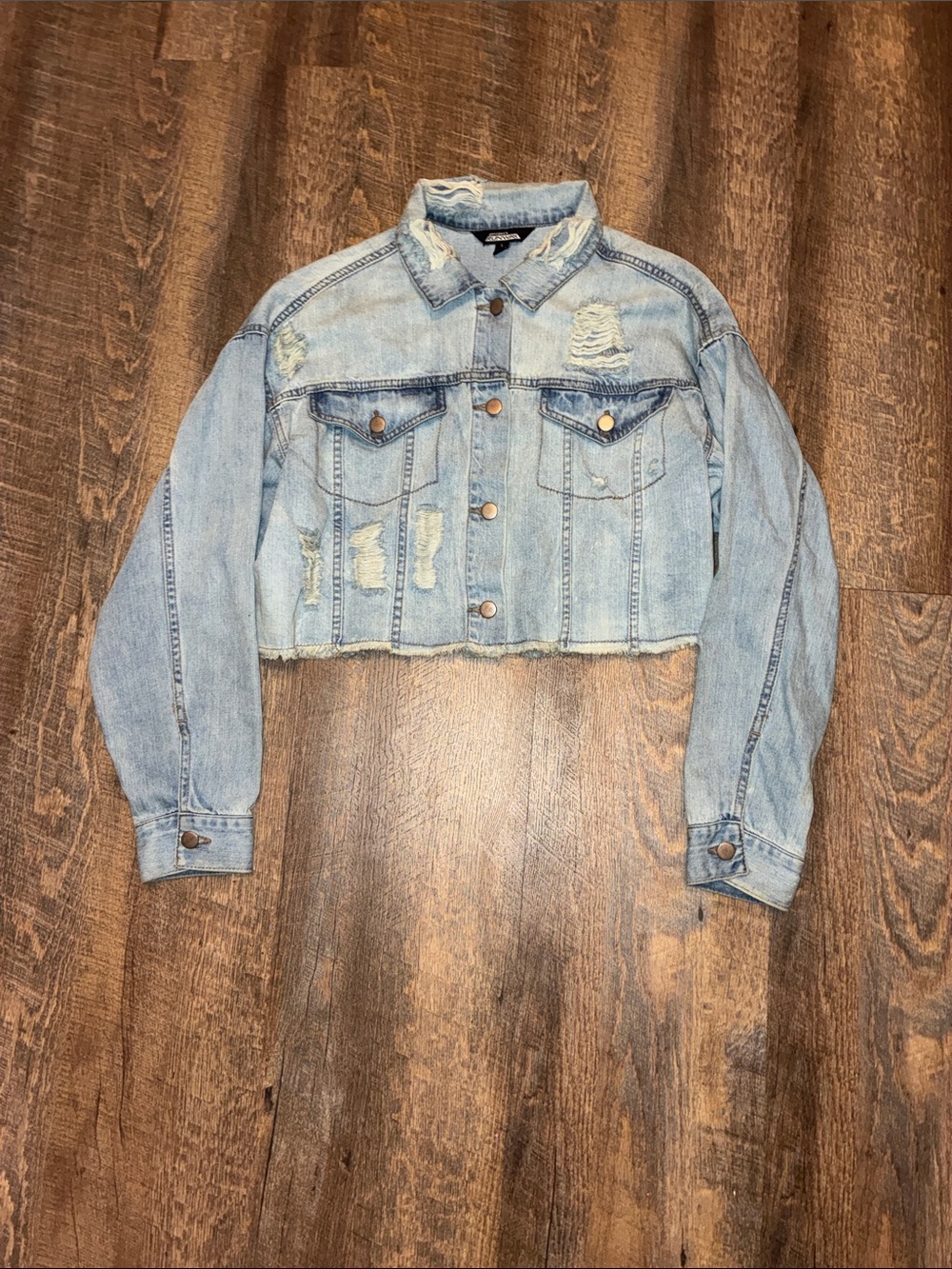 project RUNWAY Cropped Distressed Light Blue Denim Jacket
